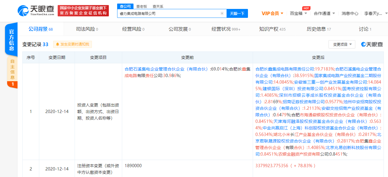 小米长江产业基金入股睿力集成电路有限公司，后者注册资本增78.83%