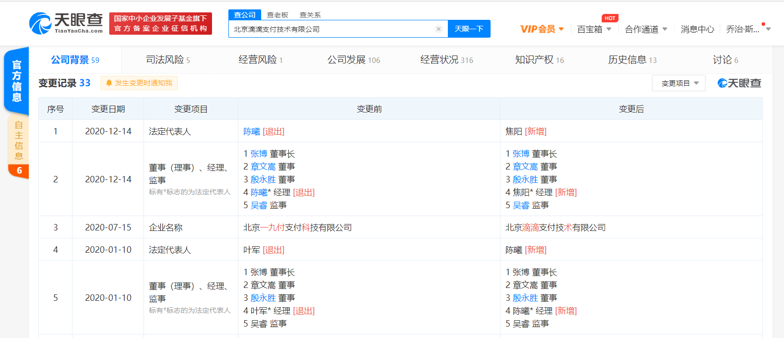 陈曦退出北京滴滴支付技术有限公司法定代表人
