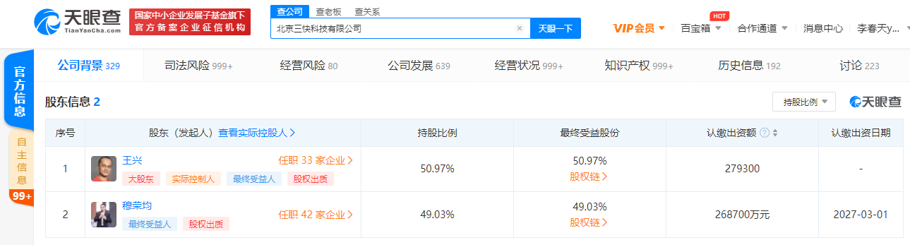 王兴在美团关联公司持股比例下降至约50.97%