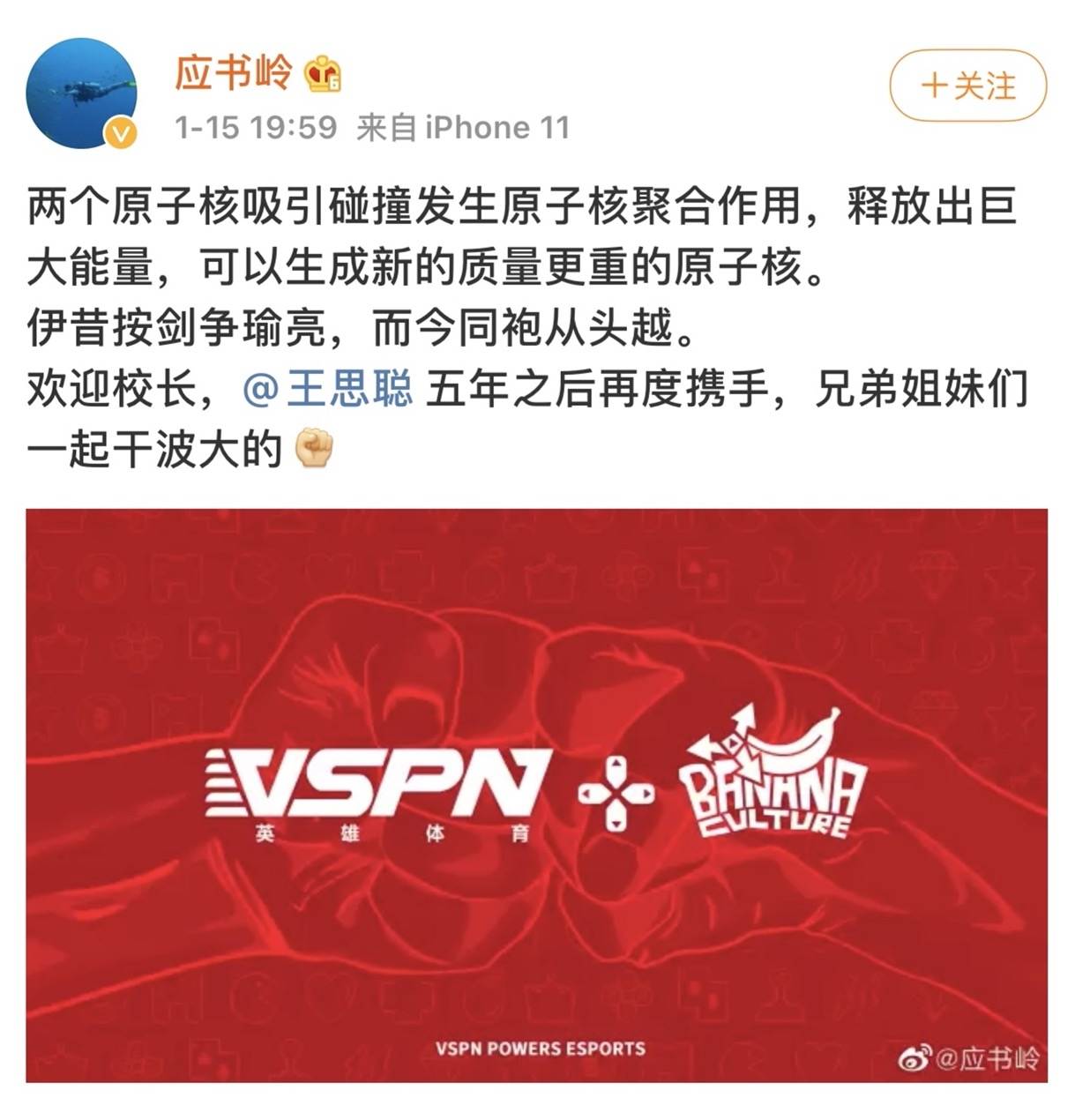 最前线 | 英雄体育VSPN收购香蕉游戏传媒，王思聪出任VSPN战略委员会副主席