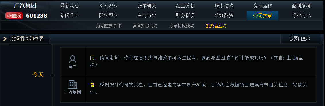 广汽集团：石墨烯电池整车目前已经走向实车量产测试