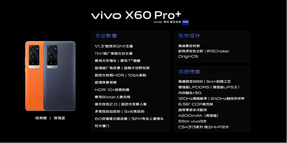 最前线 | vivo发布专业影像旗舰X60 Pro+：蔡司镜头+骁龙888，售价4998元起