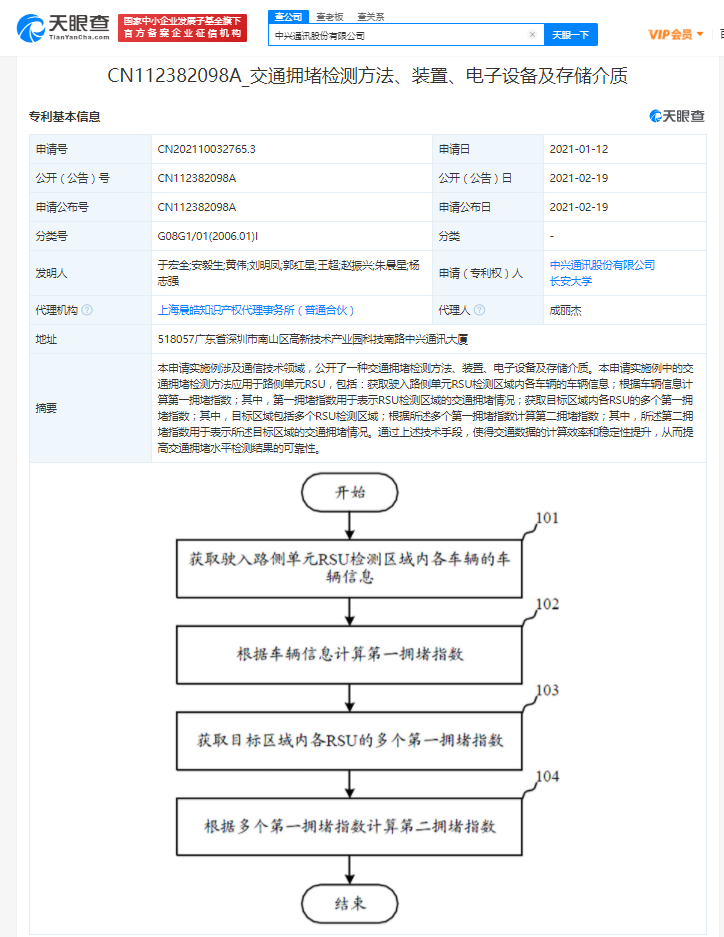 中兴公开“交通拥堵检测方法”相关专利