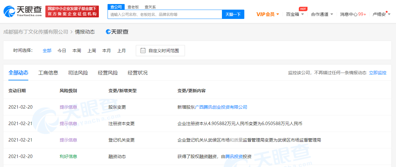 腾讯关联公司入股成都猫布丁文化传播有限公司