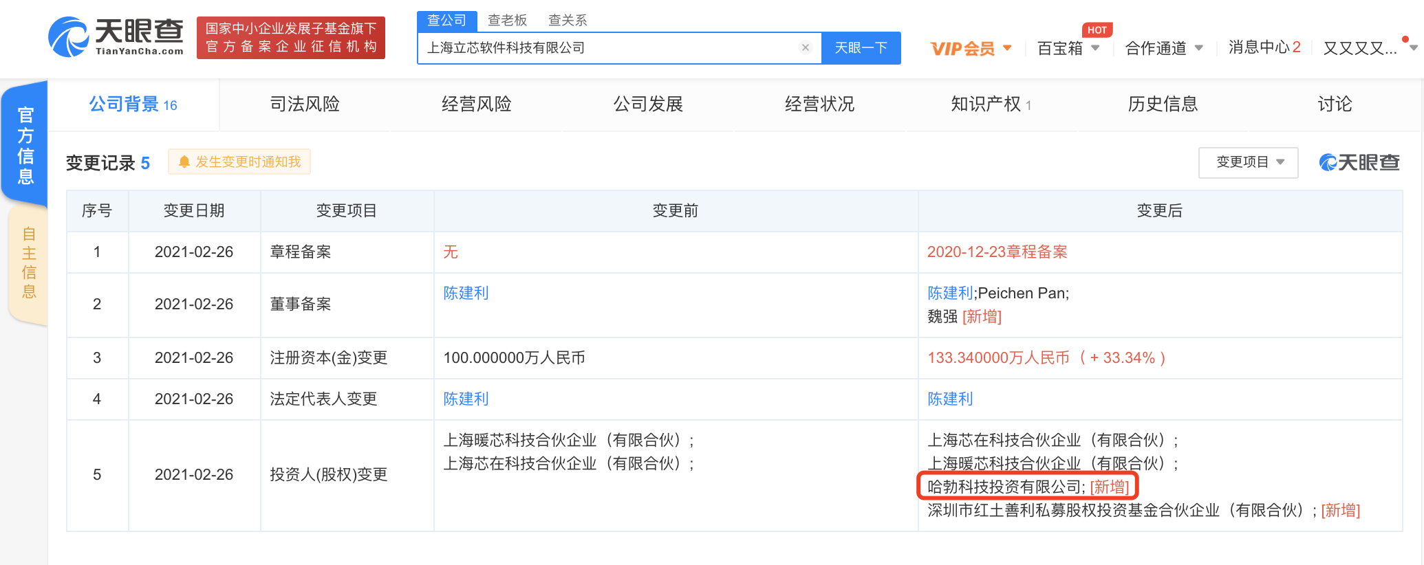 华为关联公司哈勃入股立芯科技，持股比例为20%