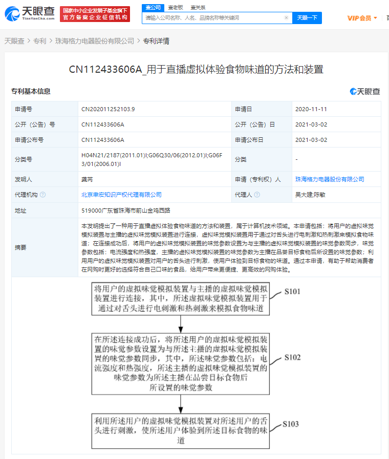 格力关联公司公布一项“用于直播虚拟体验食物味道的方法和装置”的专利