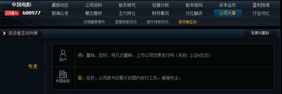 中国电影：公司参与《阿凡达》影片的国内发行工作