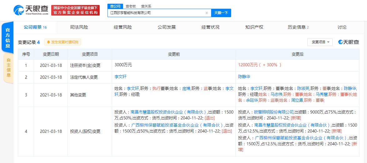 欧普照明关联公司入股江西欧亨智能科技有限公司