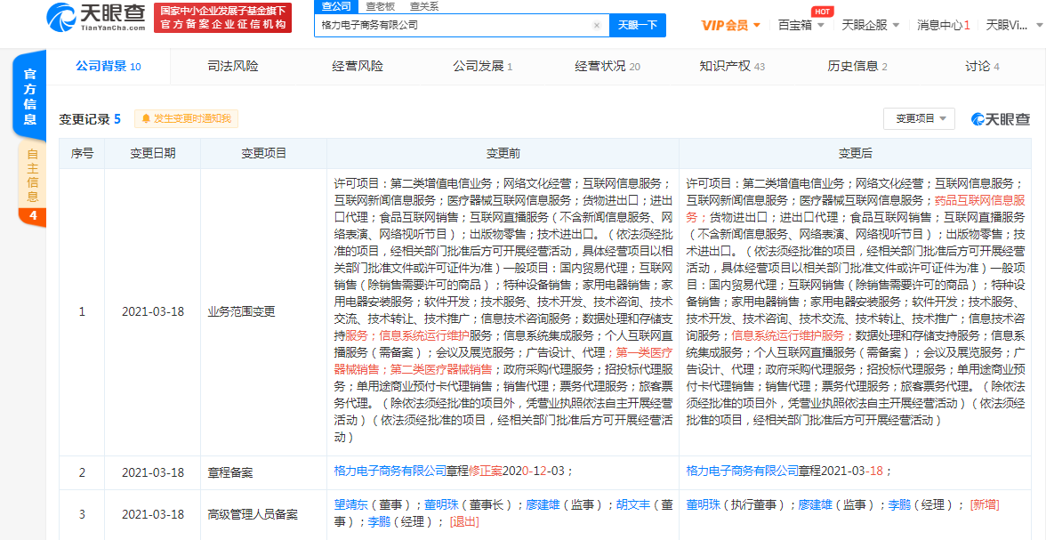 格力电器关联公司经营范围新增药品互联网信息服务等