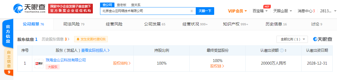 金山云关联公司经营范围新增“汽车”“劳务分包”等