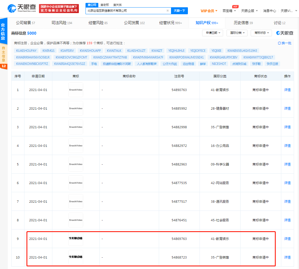 快手关联公司申请注册“今天聊点啥”相关商标