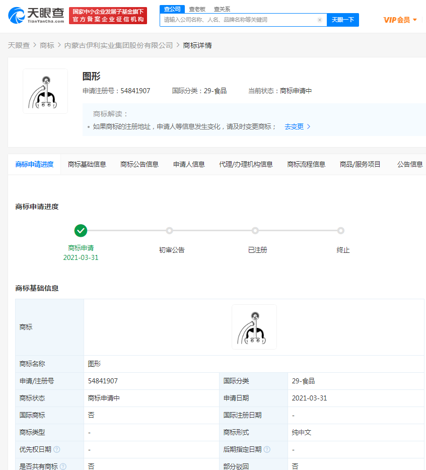 伊利关联公司申请卡通图形商标，国际分类为食品