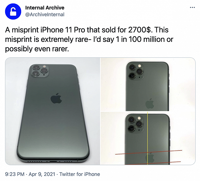背面苹果logo印歪，错版iPhone 11 Pro卖了2700美元
