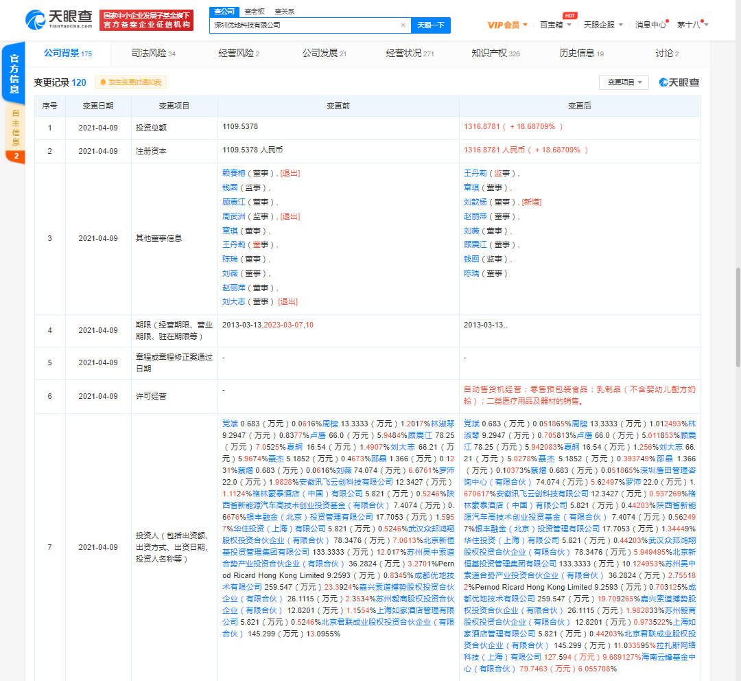 饿了么关联公司入股深圳优地科技有限公司，后者经营范围新增自动售货机经营等