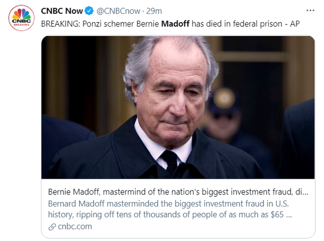 华尔街巨骗麦道夫狱中去世：曾任纳斯达克董事会主席，骗了全世界4200亿