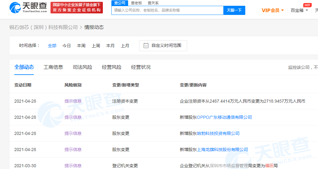 华为、OPPO关联公司等入股锐石创芯，后者经营范围含机器人及智能设备研发等