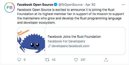 Rust语言杀疯了！前有谷歌高薪争夺 Rust 人才，Facebook再官宣加入Rust基金会