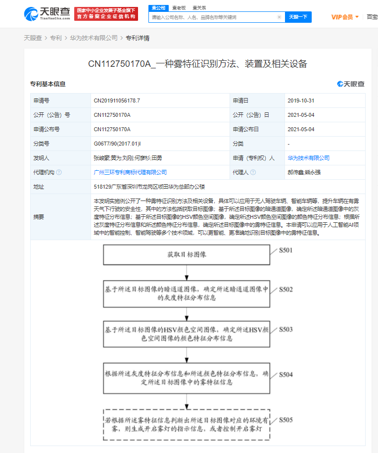 华为公开“一种雾特征识别方法”专利，可应用于人工智能AI中智能驾驶领域