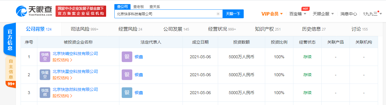 快手接连成立快星空等三家科技公司，经营范围均涉及电影发行等