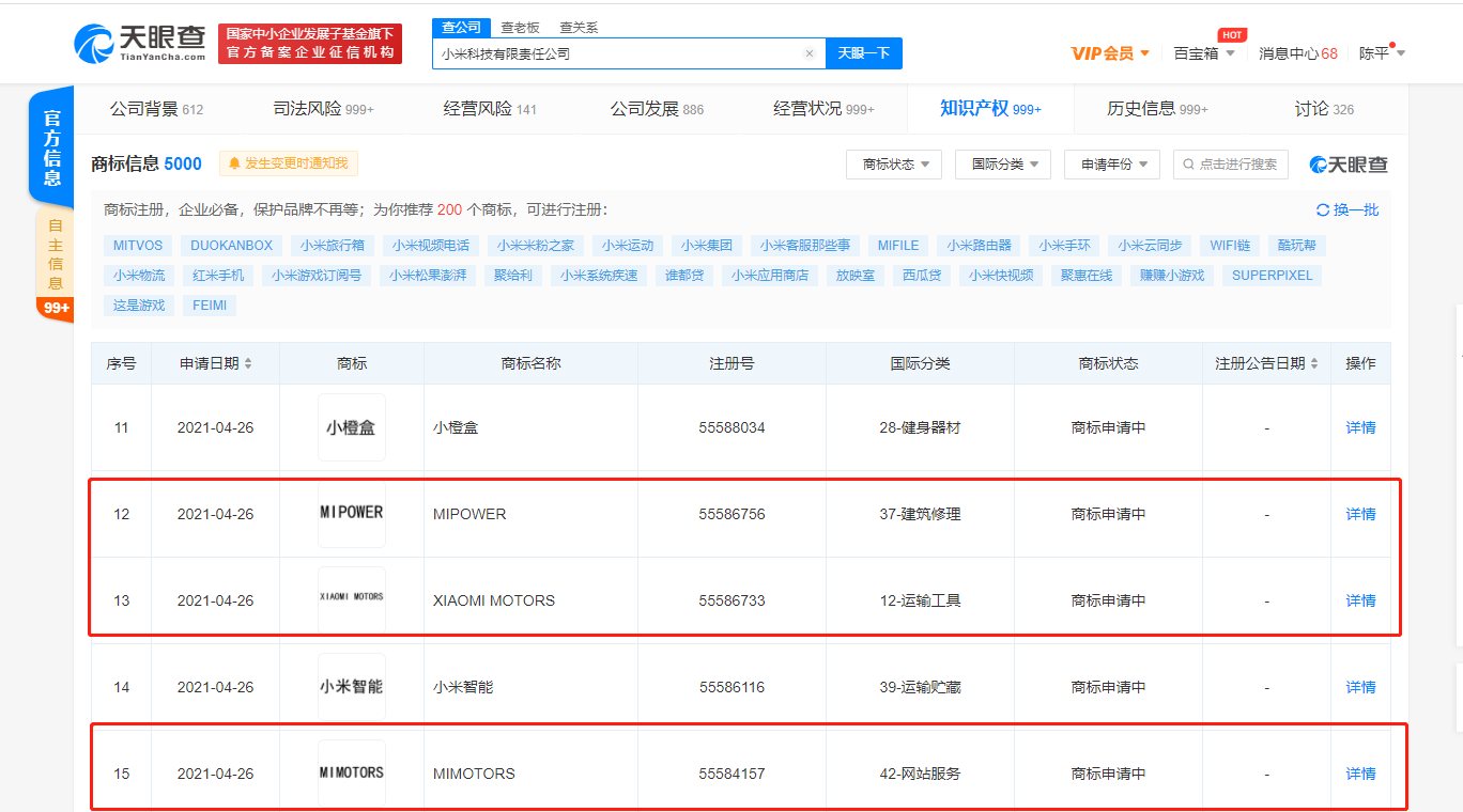 小米申请“XIAOMI MOTORS”“XIAOMI AUTO”等商标