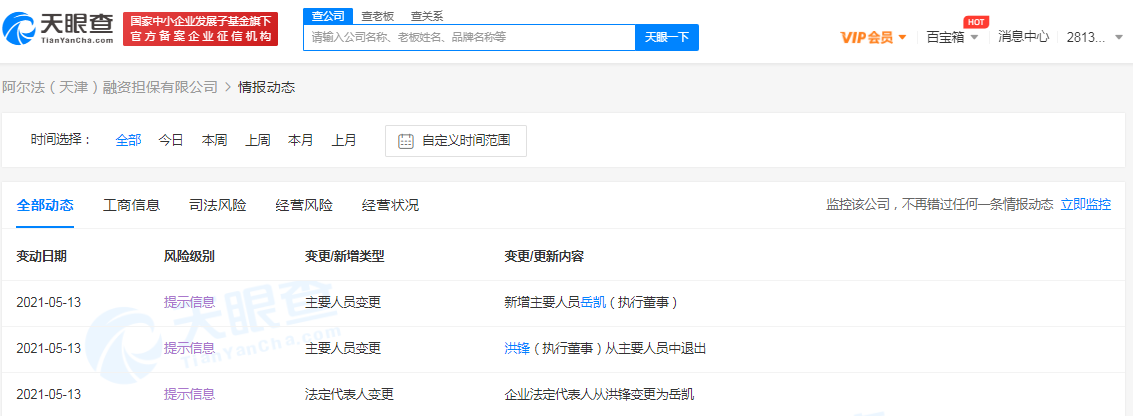 洪锋退出阿尔法（天津）融资担保有限公司法定代表人