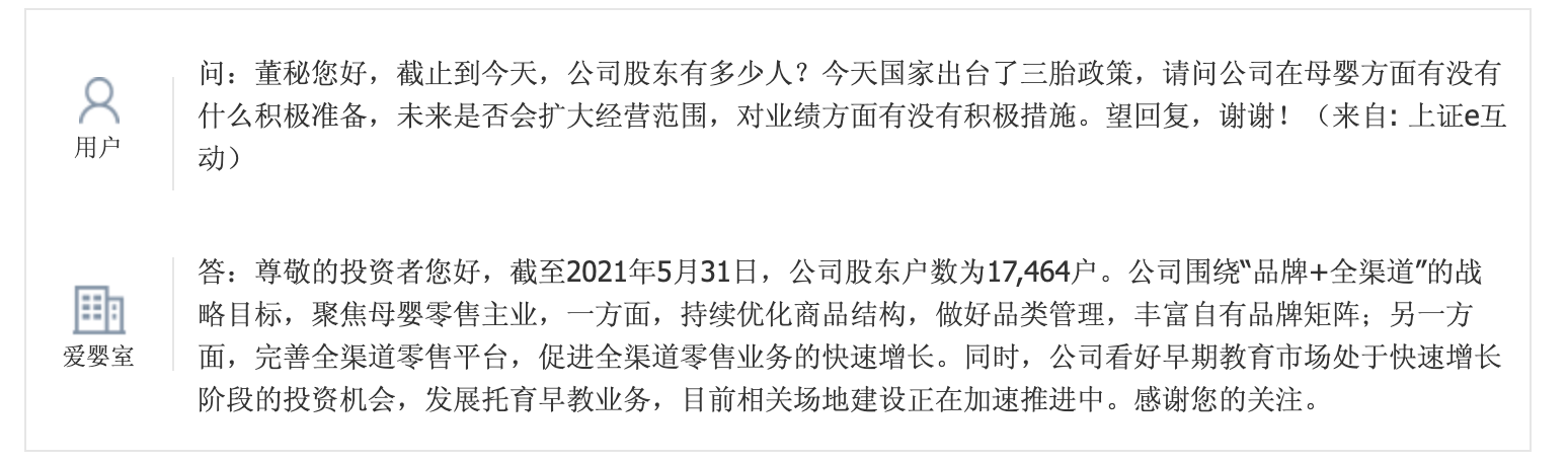 爱婴室：托育早教业务相关场地建设正在加速推进中