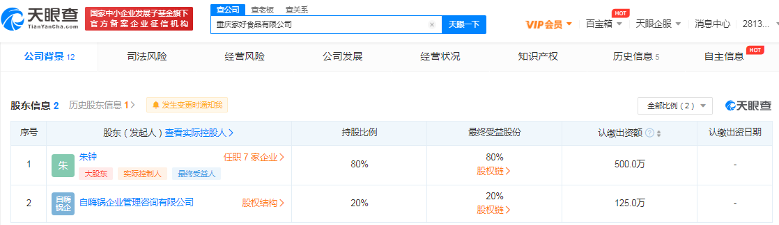 自嗨锅关联公司入股家好食品，持股比例为20%