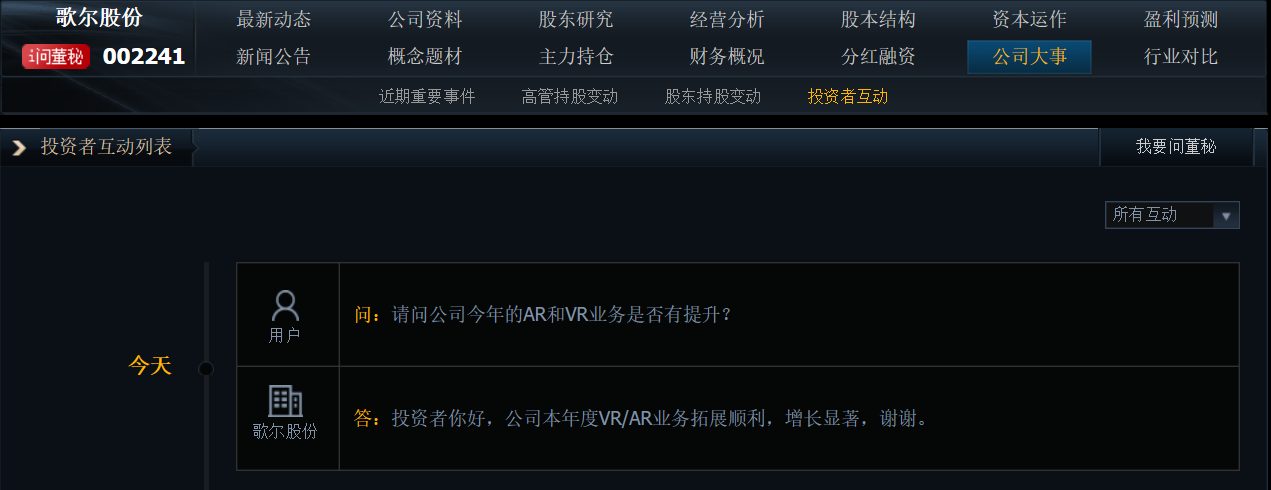 歌尔股份：本年度VR/AR业务拓展顺利，增长显著