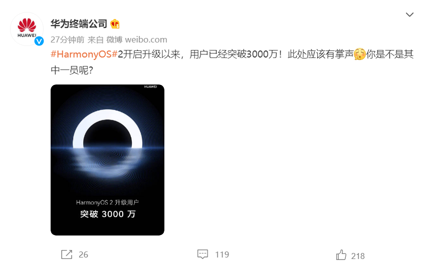 华为：Harmony OS2开启升级以来，用户已突破3000万