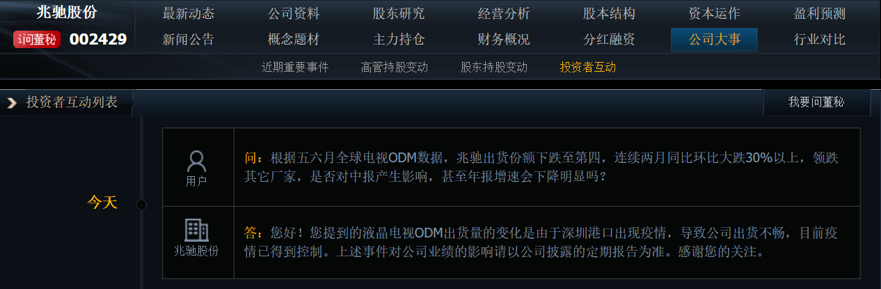 兆驰股份：疫情导致公司液晶电视ODM出货量下降，目前已得到控制