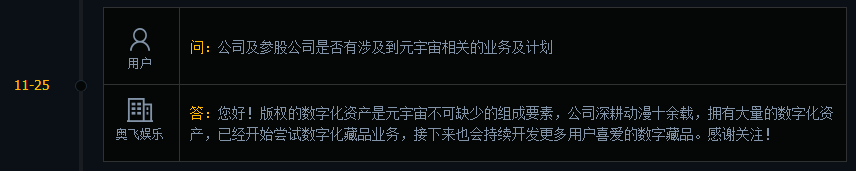 奥飞娱乐：版权的数字化资产是元宇宙不可缺少的组成要素