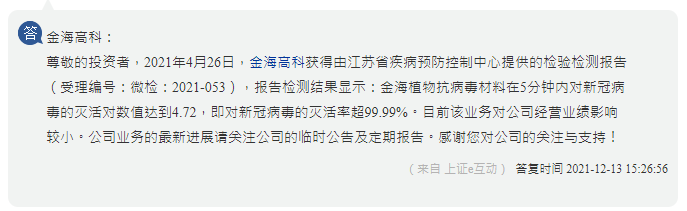 金海高科：金海植物抗病毒材料在5分钟内对新冠病毒的灭活率超99.99%