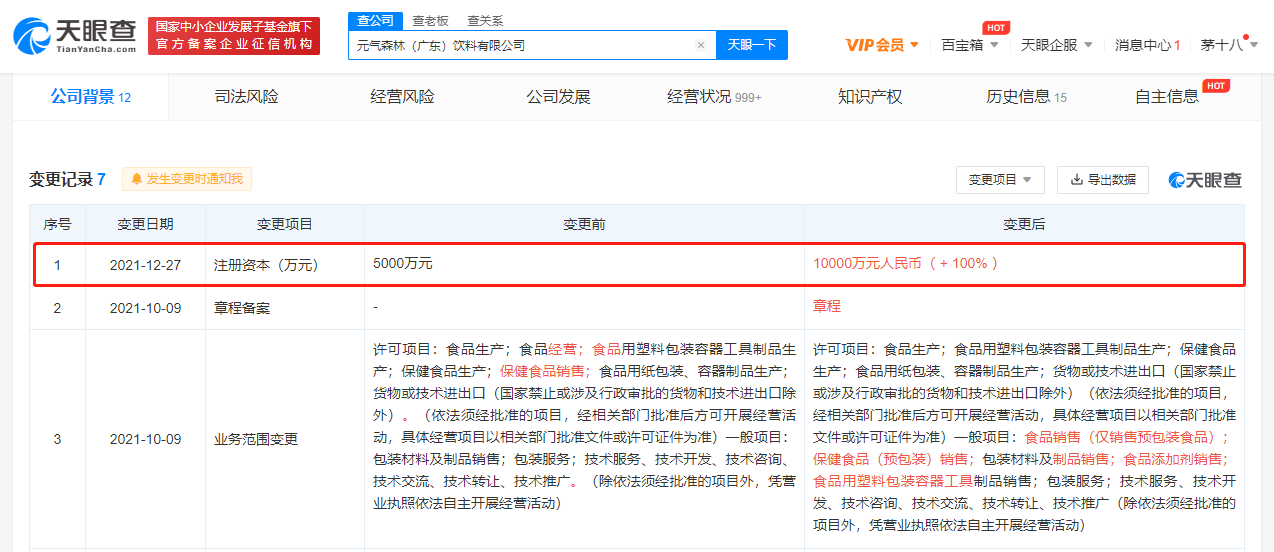 元气森林广东公司增资至1亿