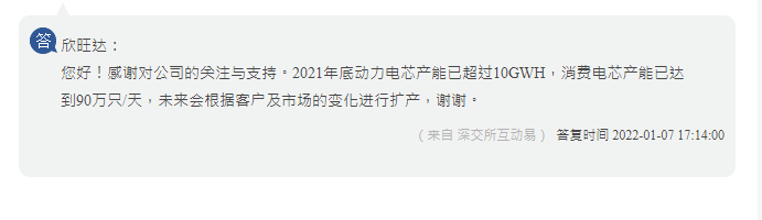 欣旺达：2021年底动力电芯产能已超过10GWH