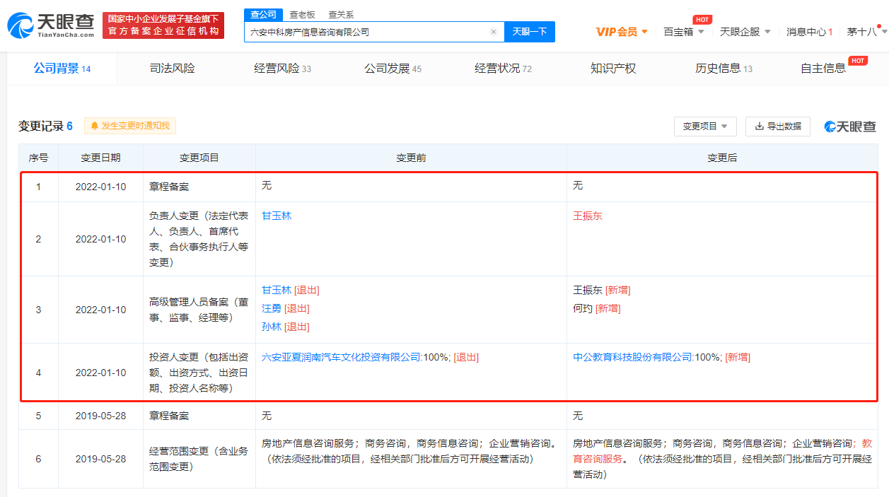 中公教育投资六安两家房产信息咨询公司，均持股100%