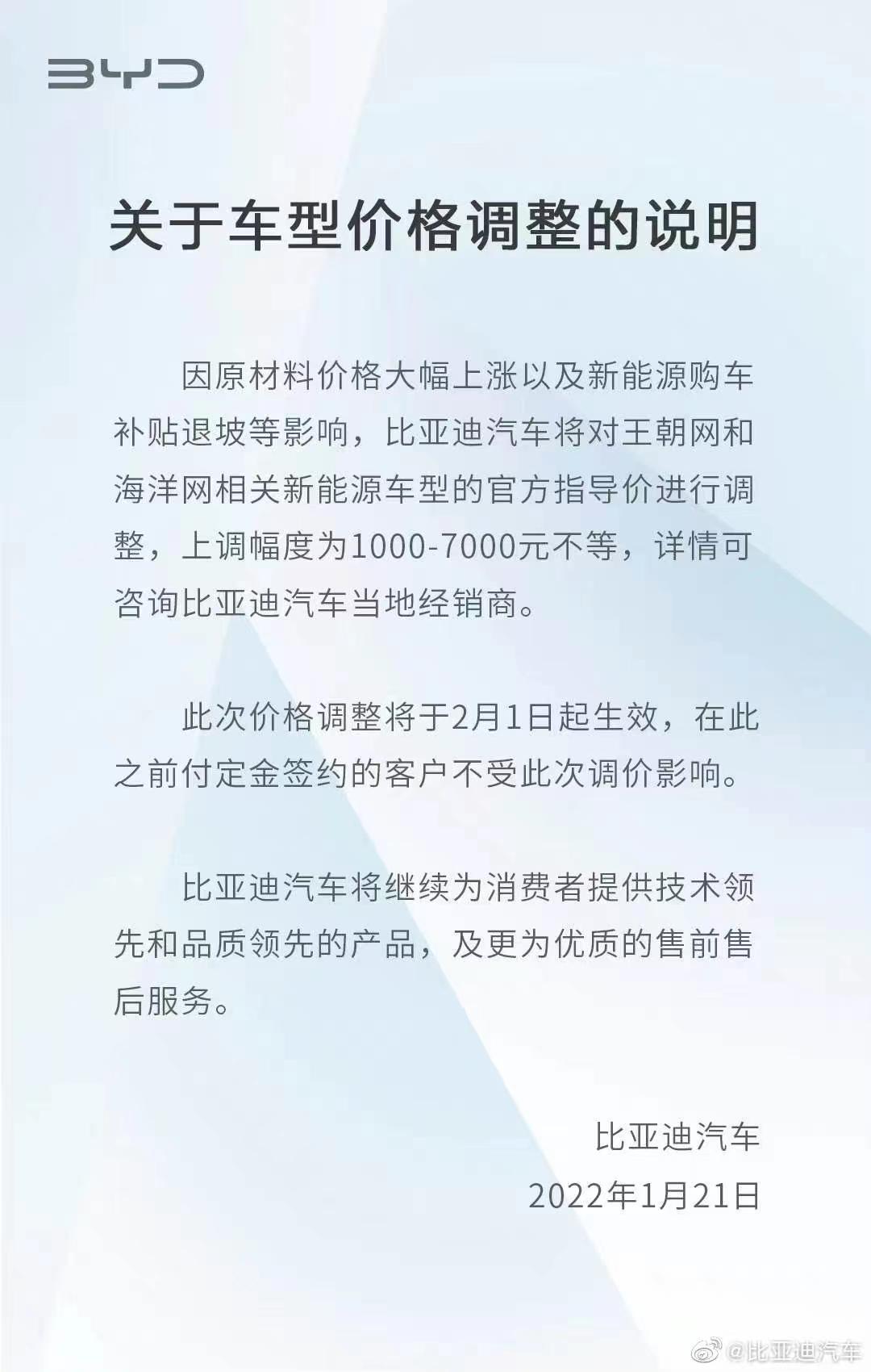 比亚迪汽车上调部分新能源车型官方指导价，上调幅度1000-7000元不等