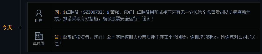 卓胜微：公司实际控制人股票质押不存在平仓风险