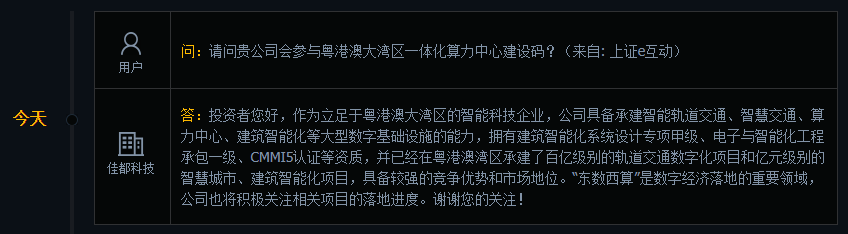佳都科技：“东数西算”是数字经济落地的重要领域，公司将积极关注相关项目的落地进度