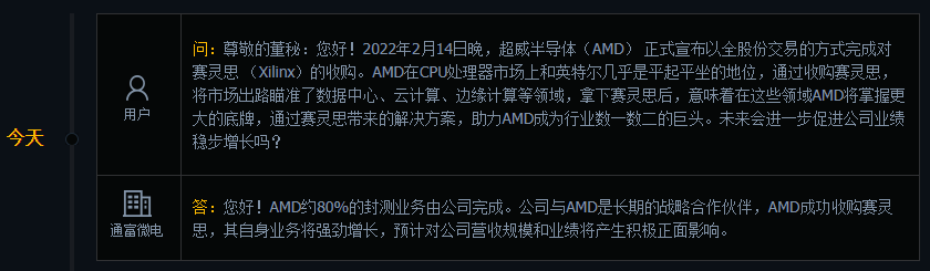 通富微电：AMD成功收购赛灵思预计对公司将产生积极影响