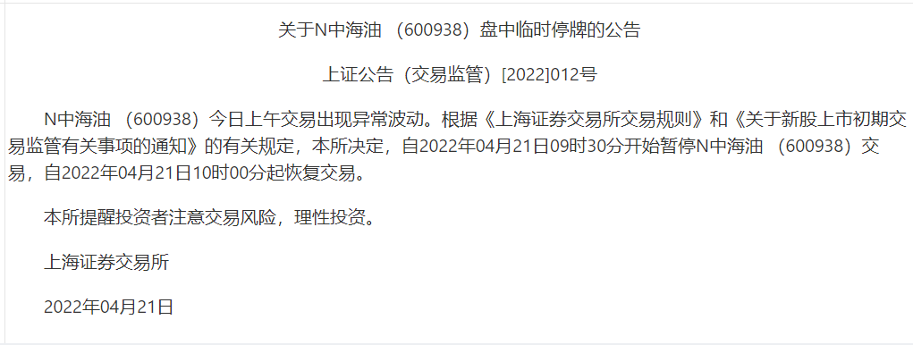 上交所：N中海油出现异常波动，盘中临时停牌