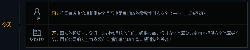 华懋科技：公司为理想汽车的二级供应商，安全气囊袋产品适配理想L9车型