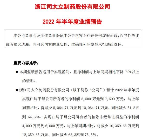 业绩暴雷？司太立预计上半年净利同比腰斩！公告前股价离奇大跌，机构提前跑路，股民质疑：中报信息是否提前泄露？