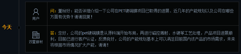 双星新材：公司的pet镀铜膜已经送样进行客户认证