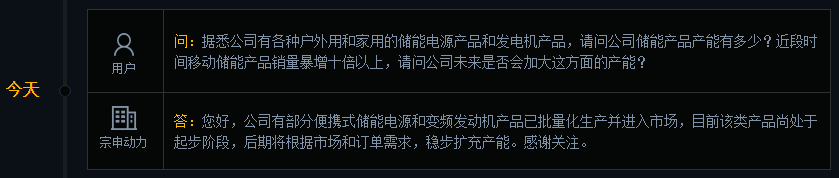 宗申动力：有部分便携式储能电源和变频发动机产品已批量化生产并进入市场