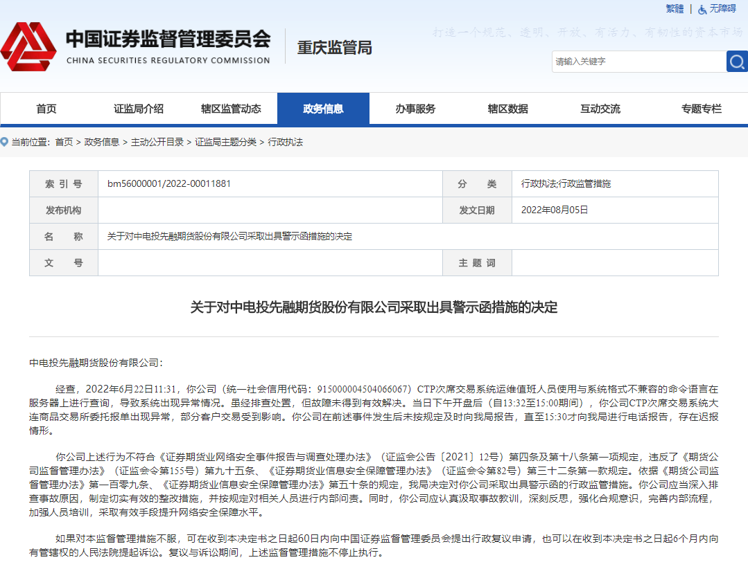 系统异常未及时报告 中电投先融期货遭监管出具警示函