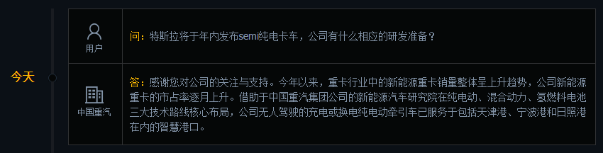 中国重汽：无人驾驶纯电动牵引车已服务于天津港等智慧港口