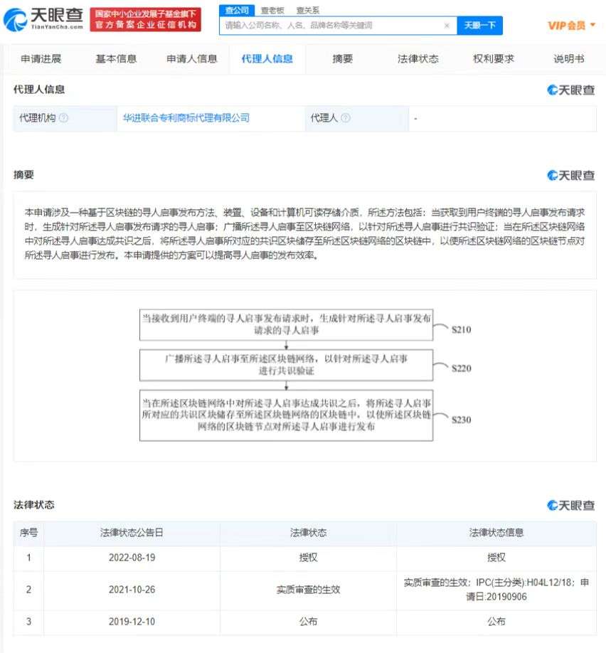 腾讯专利可用区块链发布寻人启事