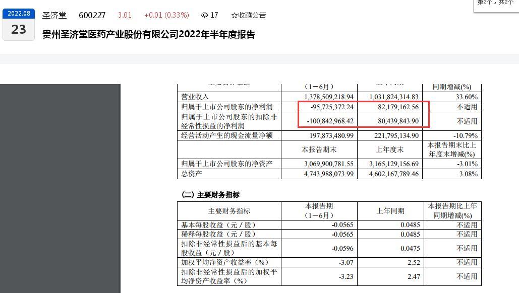 圣济堂2022年上半年“盈转亏”：归母净利润亏损0.96亿元、化工板块以及医药制造均出现亏损