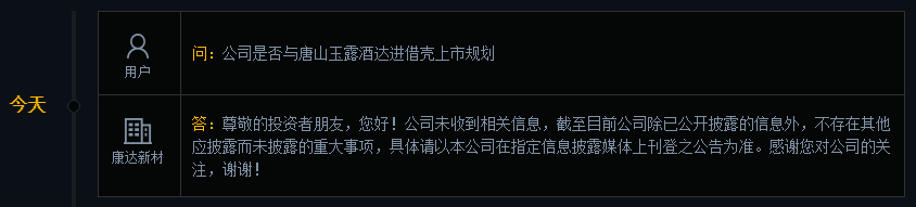 康达新材回应“唐山玉露酒借壳上市”问题：未收到相关信息