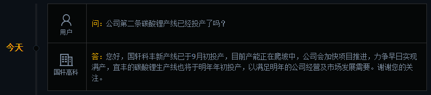 国轩高科：宜丰碳酸锂生产线将于明年年初投产